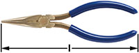 A pair of needle nose pliers with side cutter and blue handles is shown horizontally. The pliers are closed with wide curved handles. There is a double-headed arrow beneath them, indicating length.